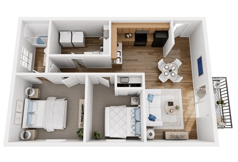 A top-down view of a small apartment with a bedroom, living room, and kitchen.